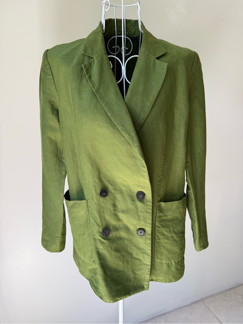 Massimo Dutti Green Double Breasted Blazer Italian Fabric Linen Blend US 2